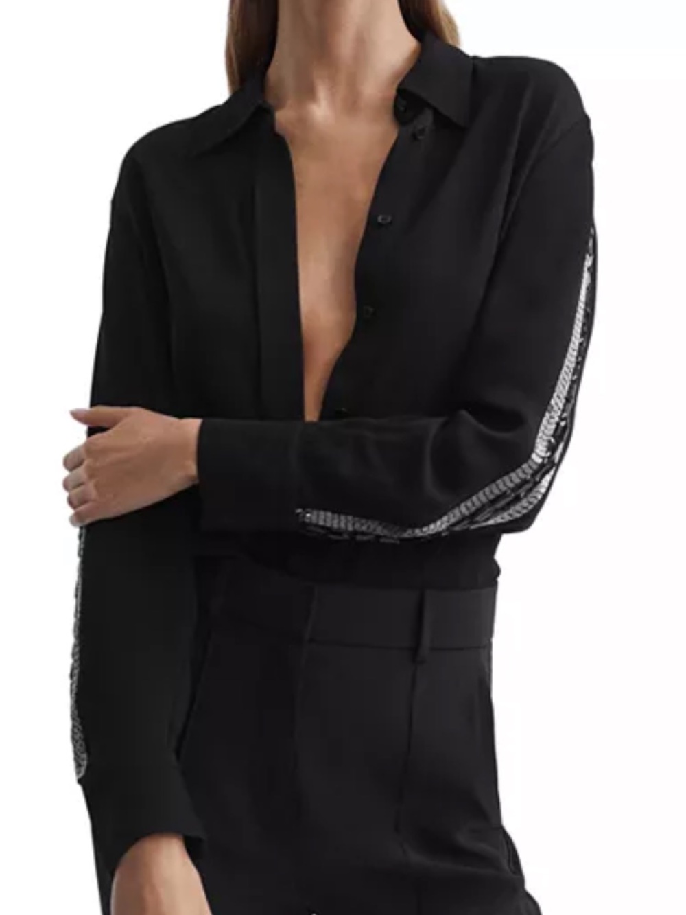 Reiss Angie Black Button-Down Embellished Top with Sequin-Trim Sleeves